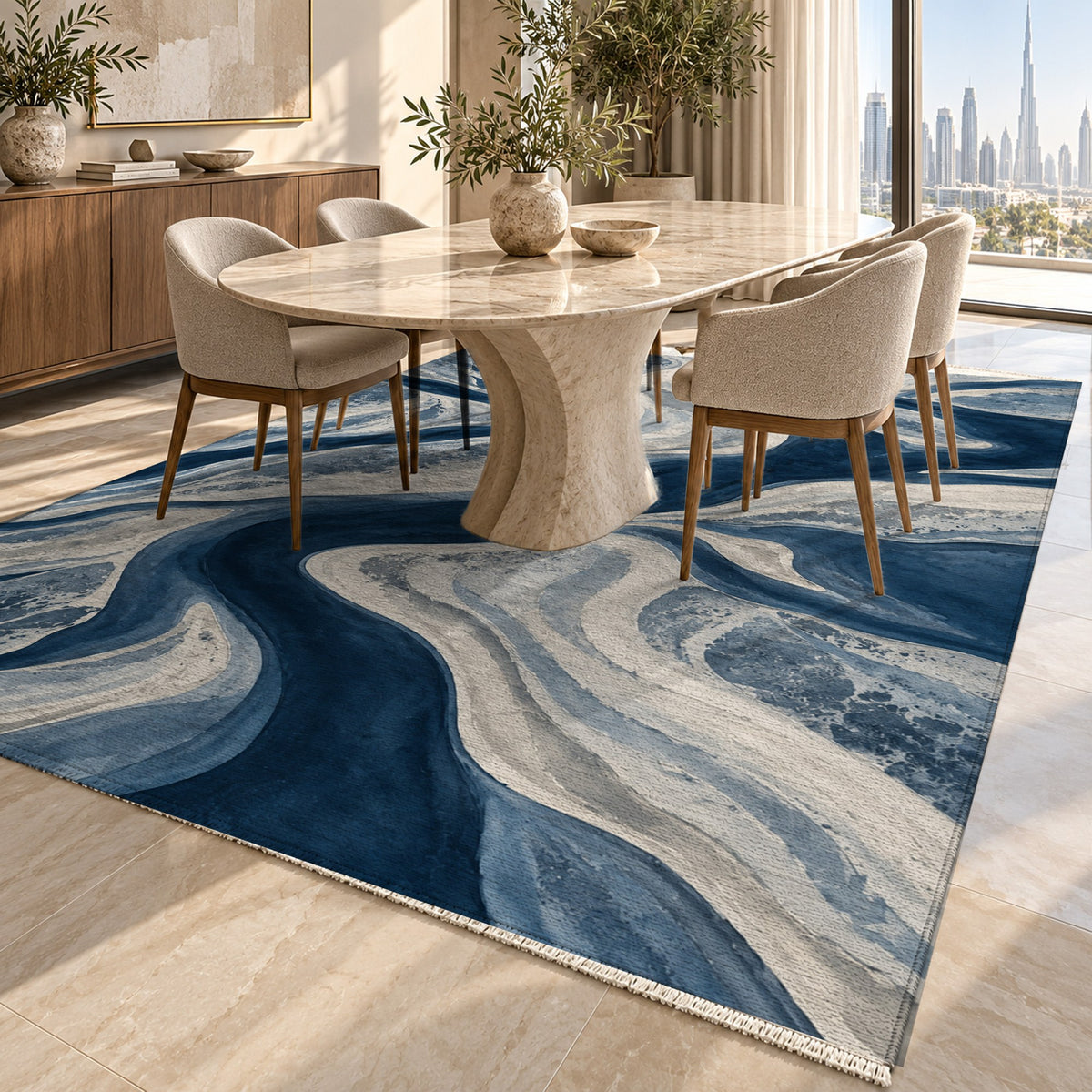 Sandbar Ribbons Indigo Abstract Washable Rug — dubai dining