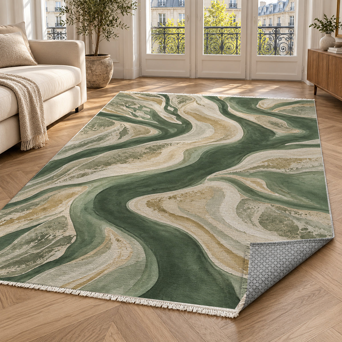 Sandbar Ribbons Sage Abstract Washable Rug — paris living