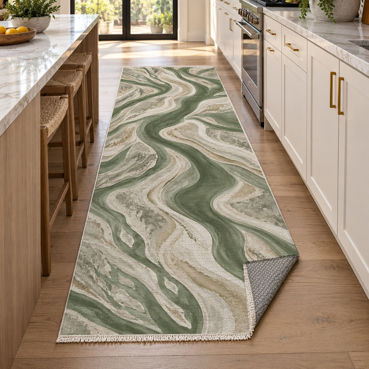 Sandbar Ribbons Sage Abstract Washable Rug — new york kitchen runner