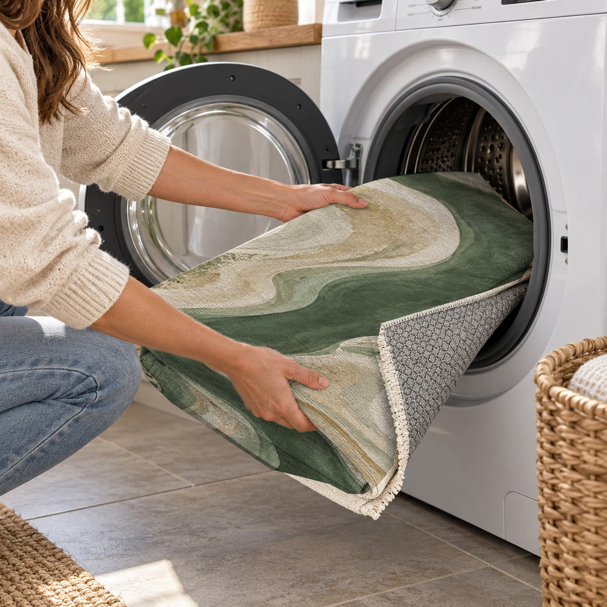 Sandbar Ribbons Sage Abstract Washable Rug — washing machine