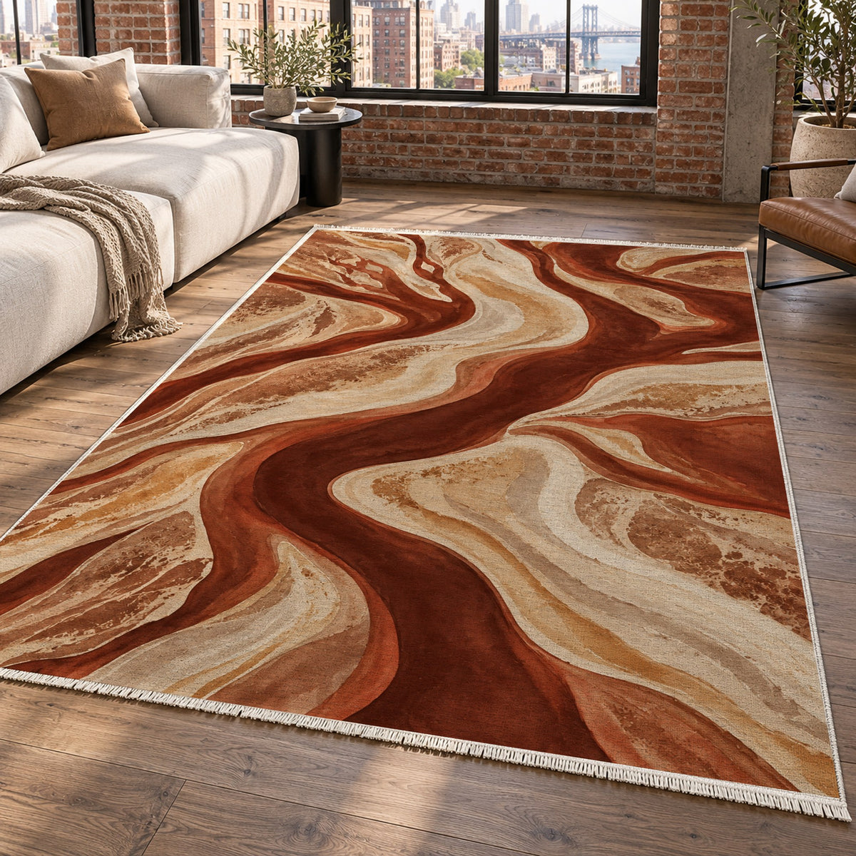 Sandbar Ribbons Terracotta Abstract Washable Rug — new york living