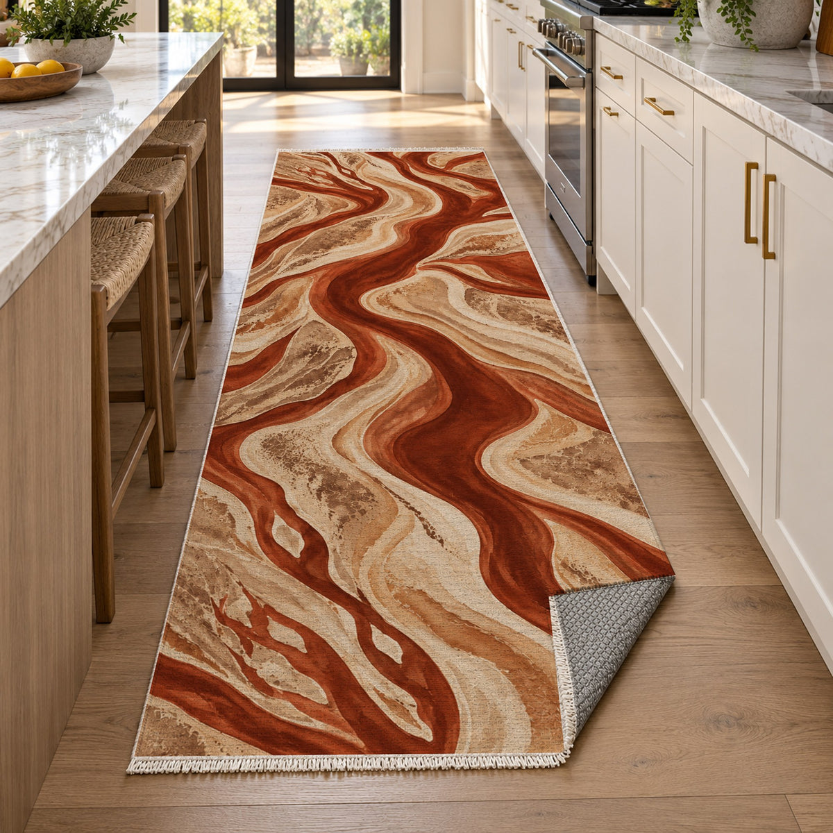 Sandbar Ribbons Terracotta Abstract Washable Rug — new york kitchen runner