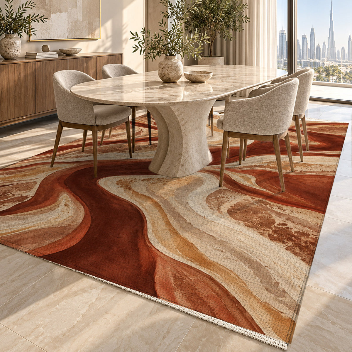 Sandbar Ribbons Terracotta Abstract Washable Rug — dubai dining