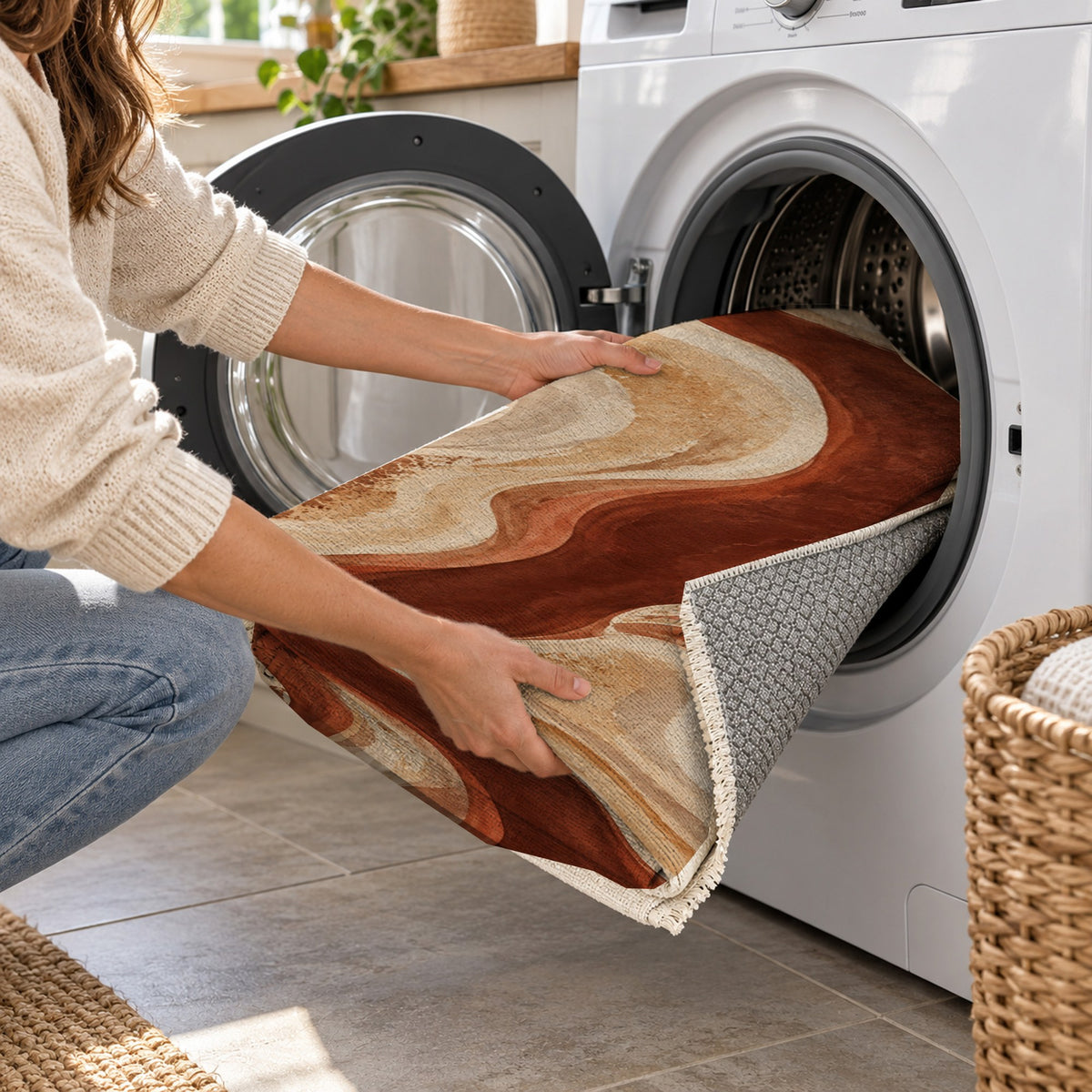 Sandbar Ribbons Terracotta Abstract Washable Rug — washing machine