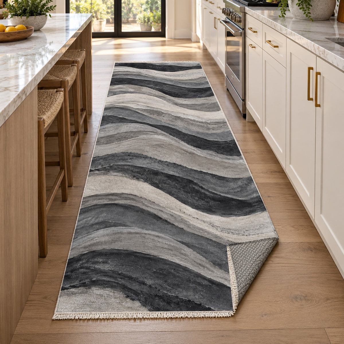 Sandstone Bands Charcoal Abstract Washable Rug — new york kitchen runner