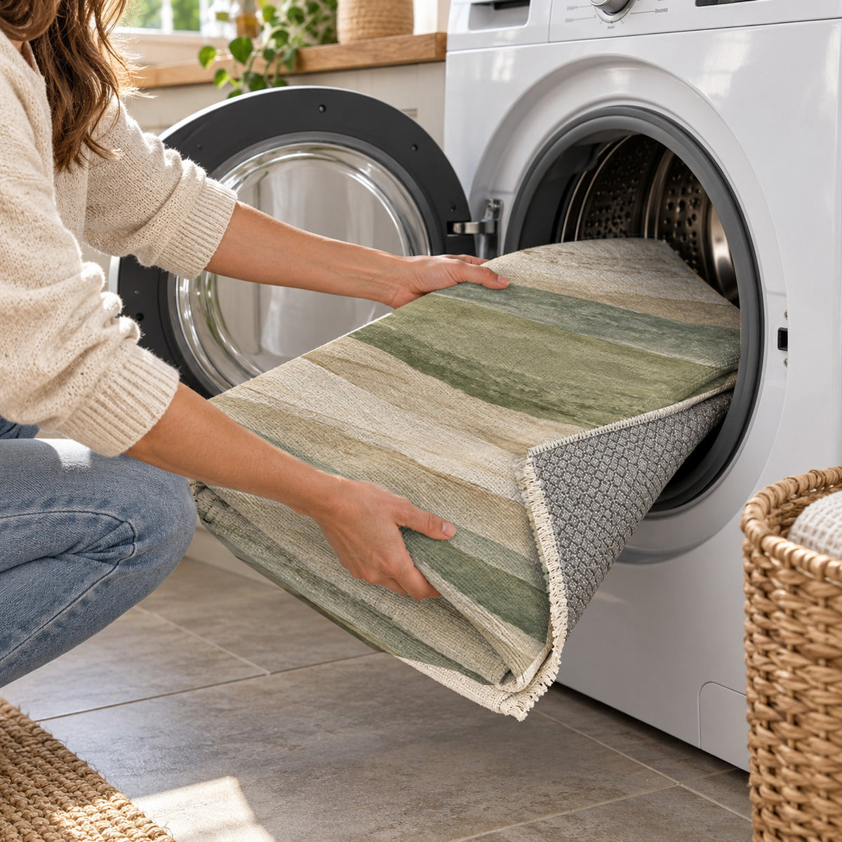 Sandstone Bands Sage Abstract Washable Rug — washing machine