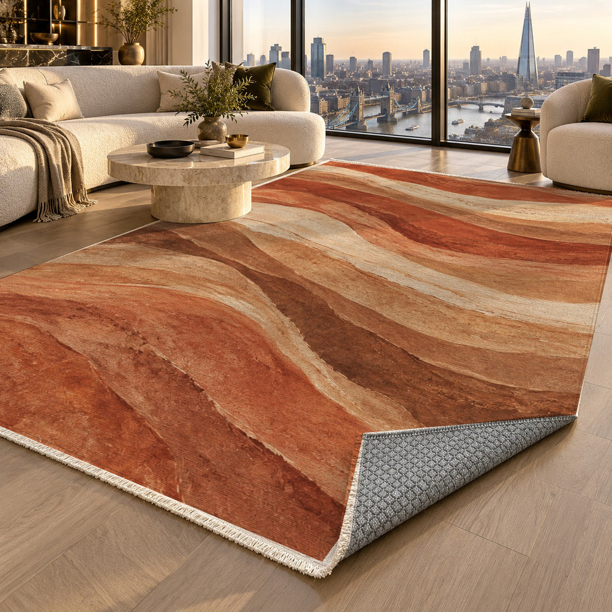 Sandstone Bands Terracotta Abstract Washable Rug — london luxury living