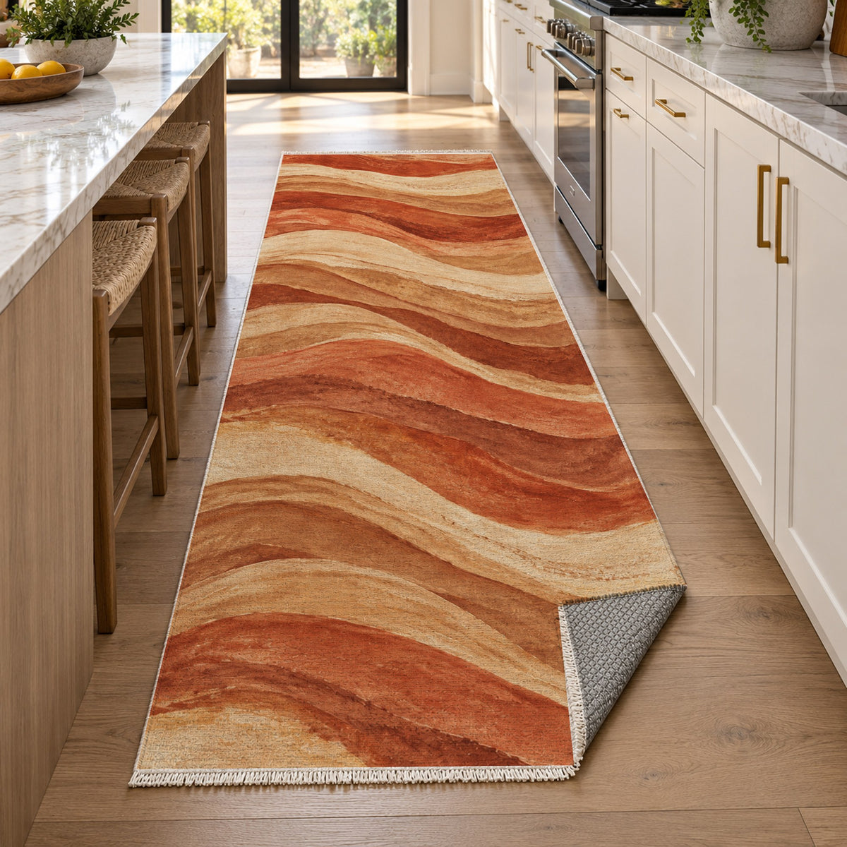 Sandstone Bands Terracotta Abstract Washable Rug — new york kitchen runner