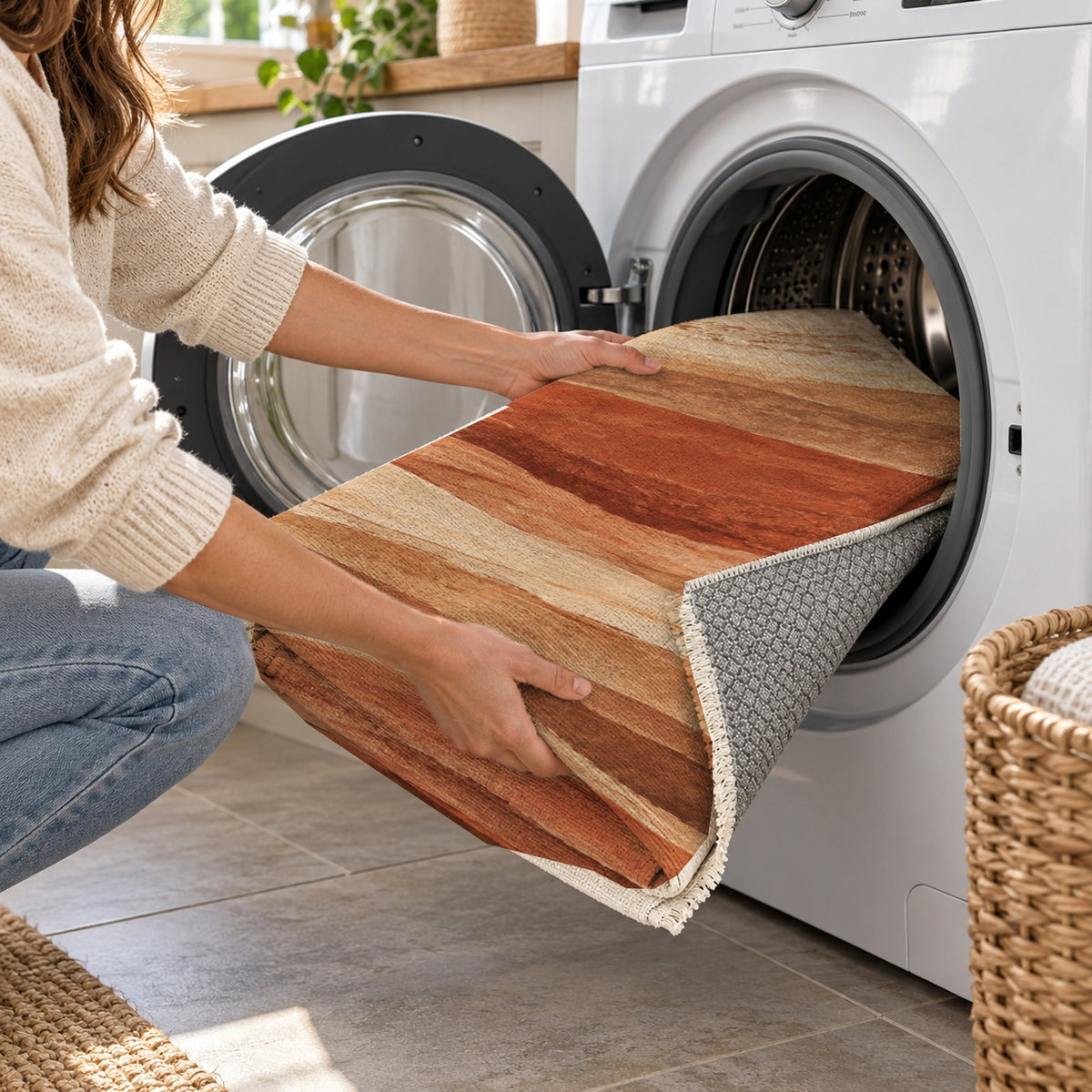 Sandstone Bands Terracotta Abstract Washable Rug — washing machine