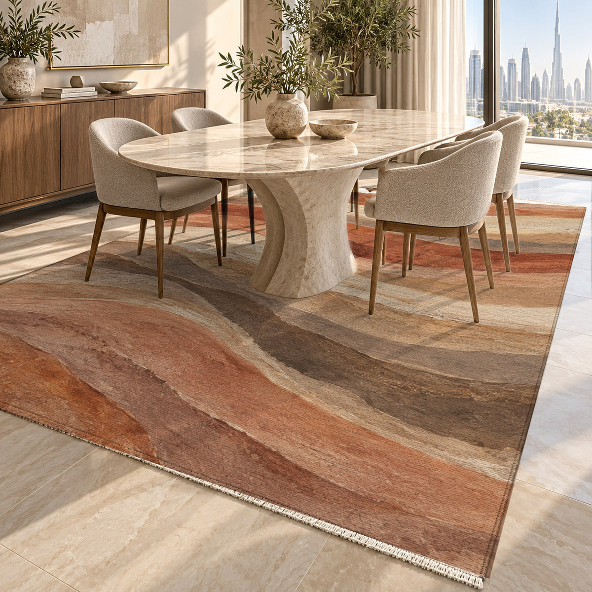 Sandstone Bands Abstract Washable Rug — dubai dining