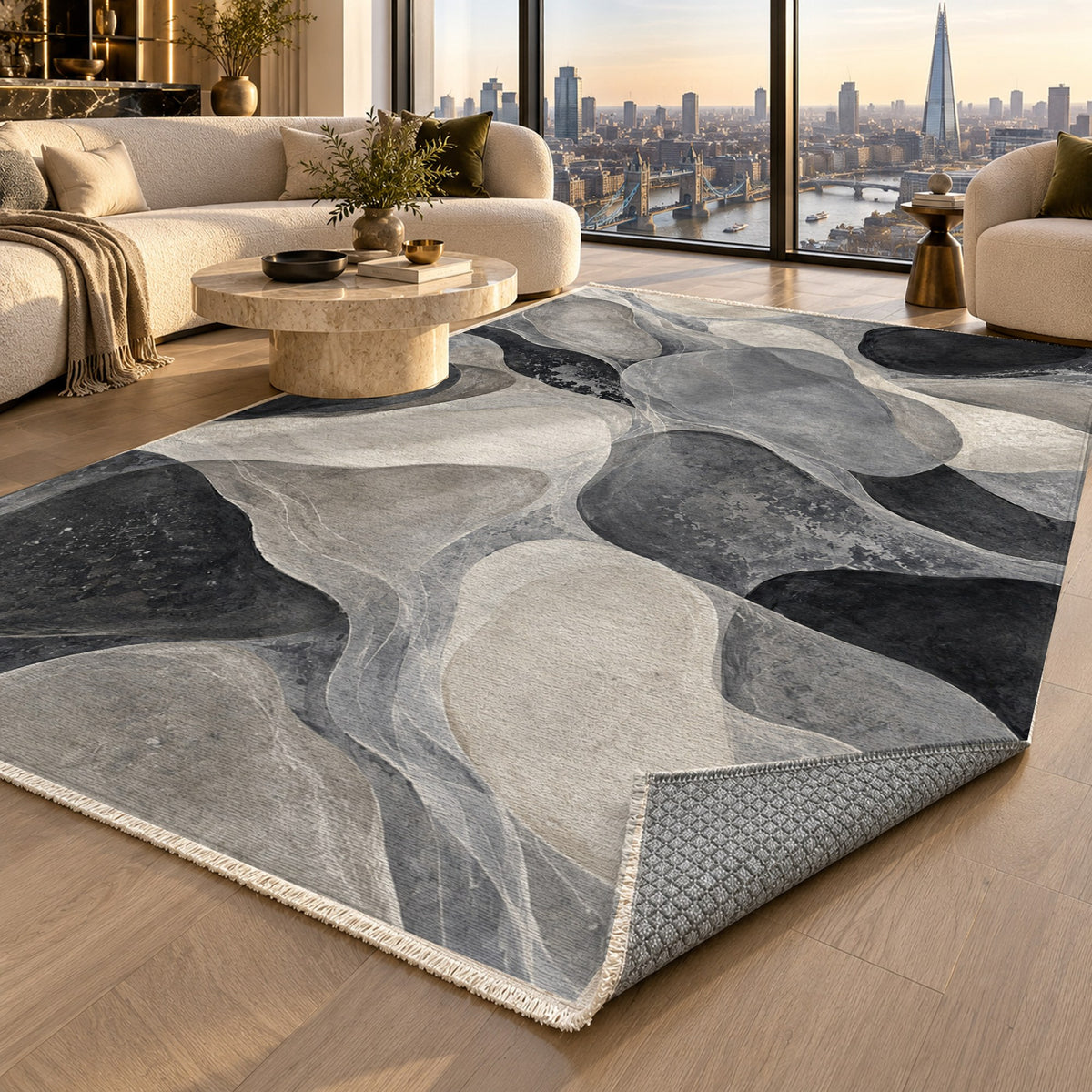 Sea Glass Charcoal Abstract Washable Rug — london luxury living