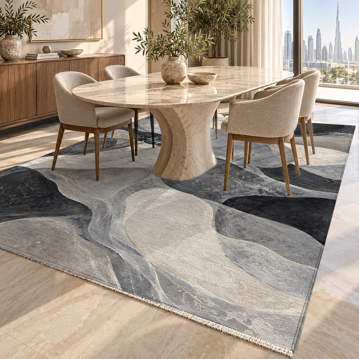 Sea Glass Charcoal Abstract Washable Rug — dubai dining