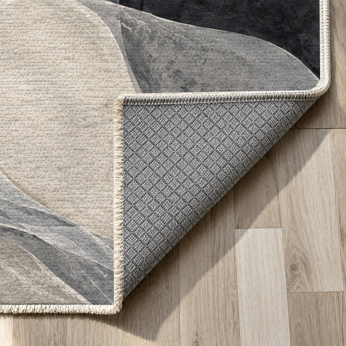 Sea Glass Charcoal Abstract Washable Rug — backing close up