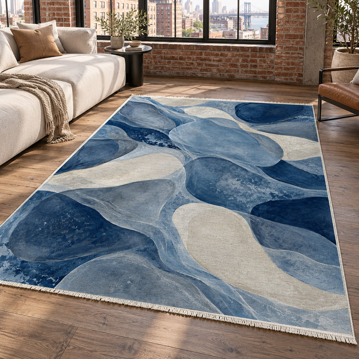 Sea Glass Indigo Abstract Washable Rug — new york living