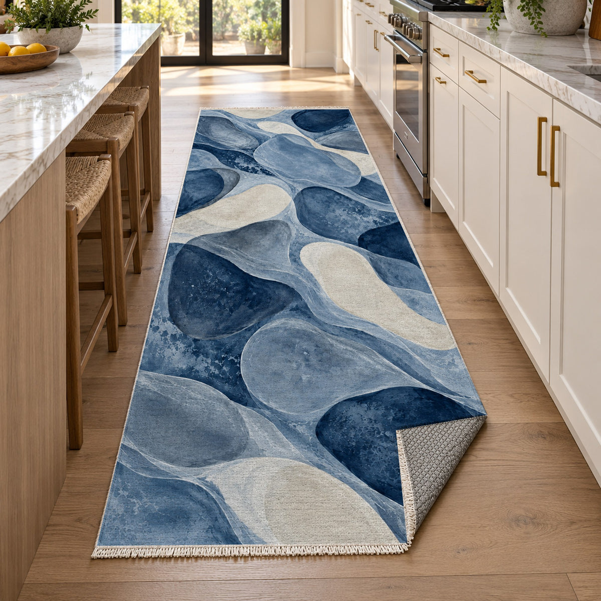 Sea Glass Indigo Abstract Washable Rug — new york kitchen runner