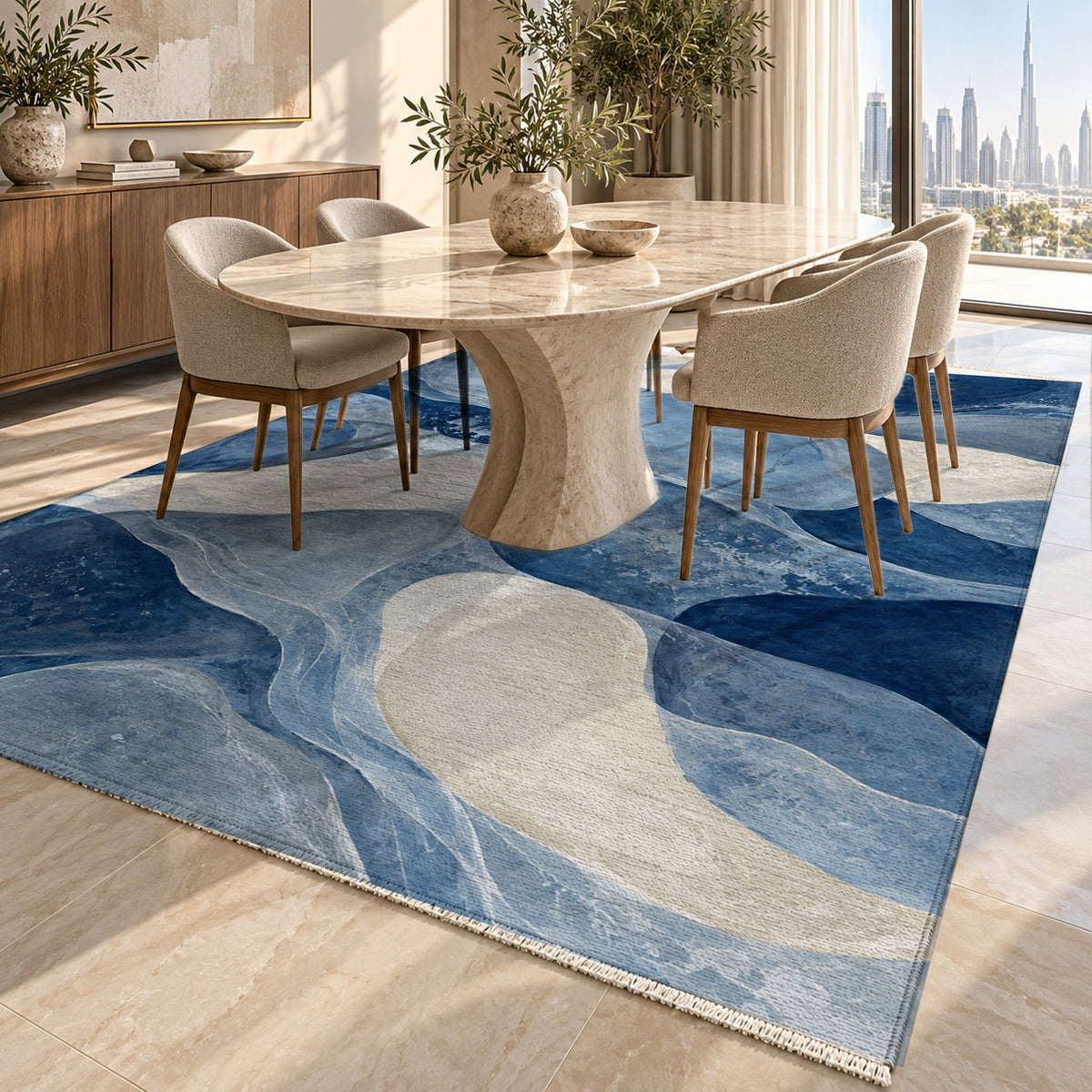 Sea Glass Indigo Abstract Washable Rug — dubai dining