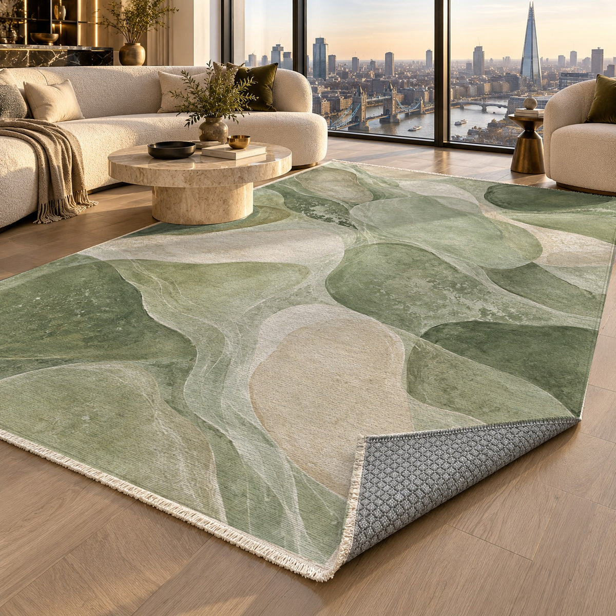 Sea Glass Sage Abstract Washable Rug — london luxury living