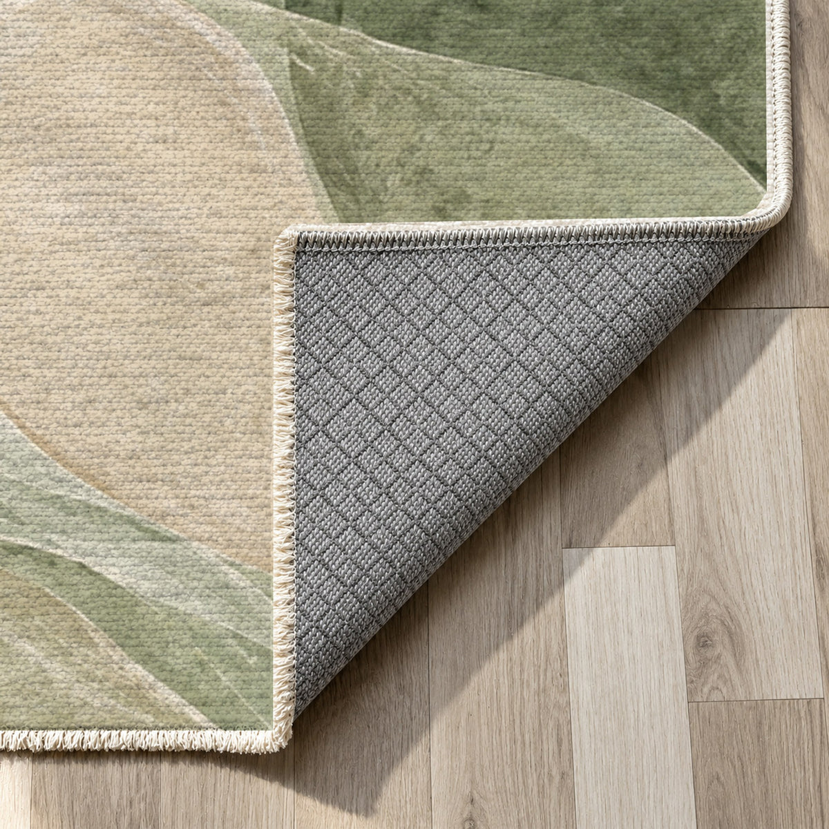 Sea Glass Sage Abstract Washable Rug — backing close up