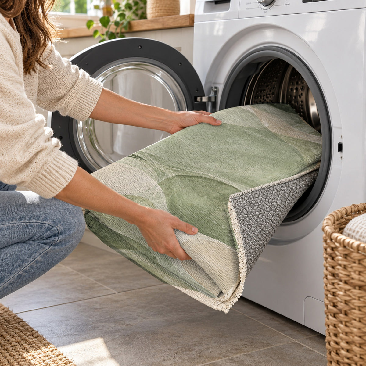Sea Glass Sage Abstract Washable Rug — washing machine