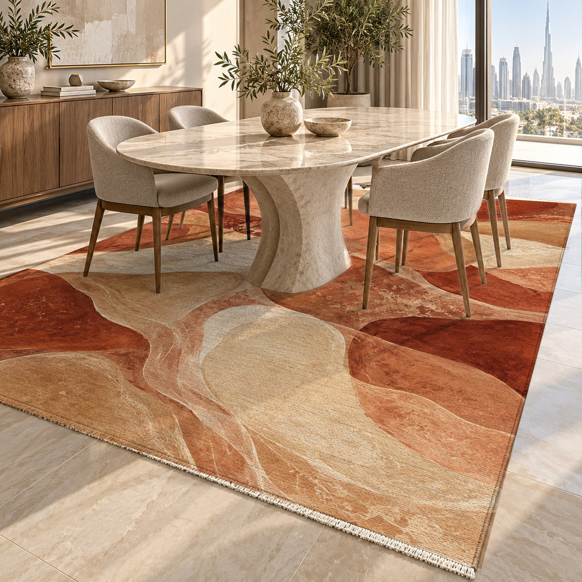 Sea Glass Terracotta Abstract Washable Rug — dubai dining