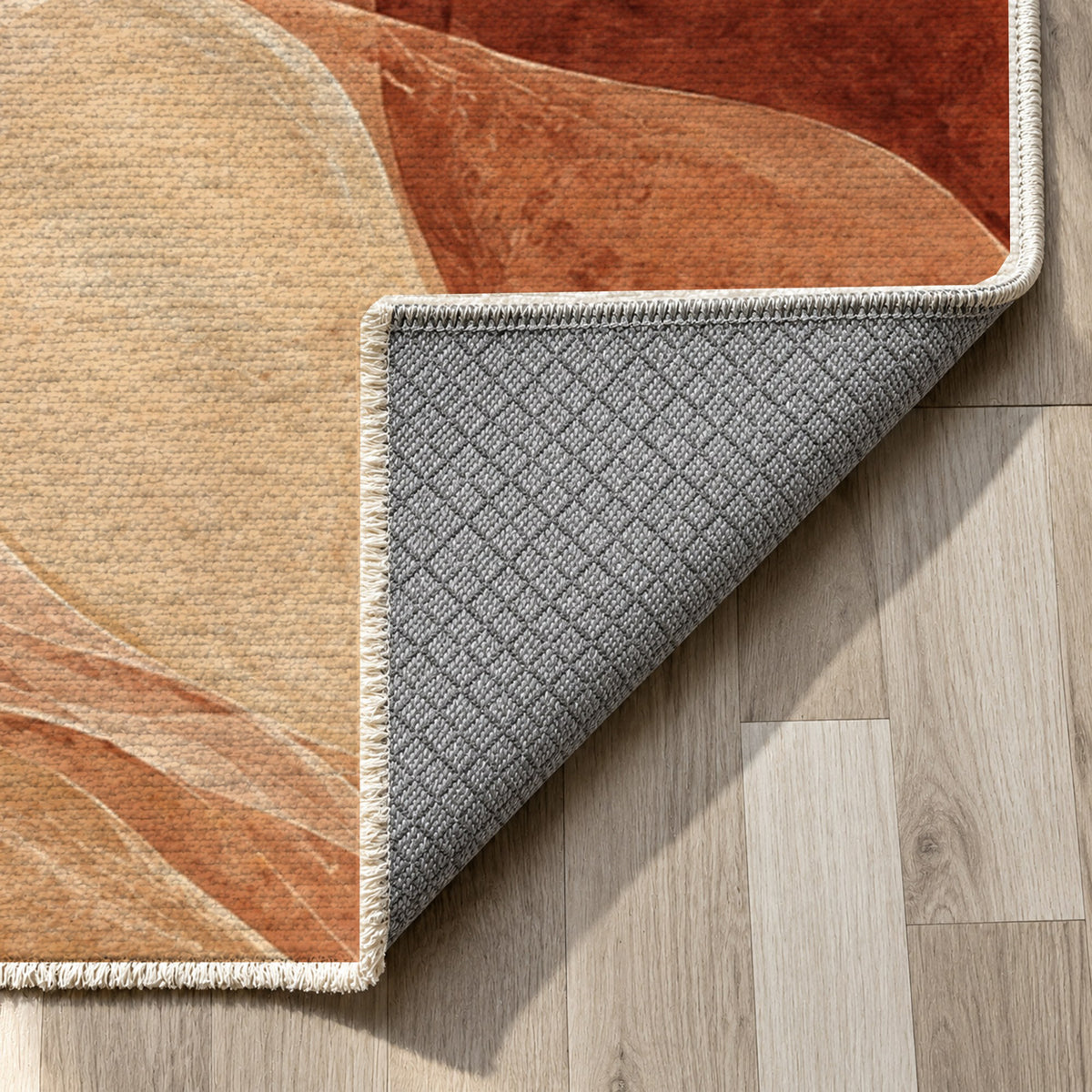 Sea Glass Terracotta Abstract Washable Rug — backing close up