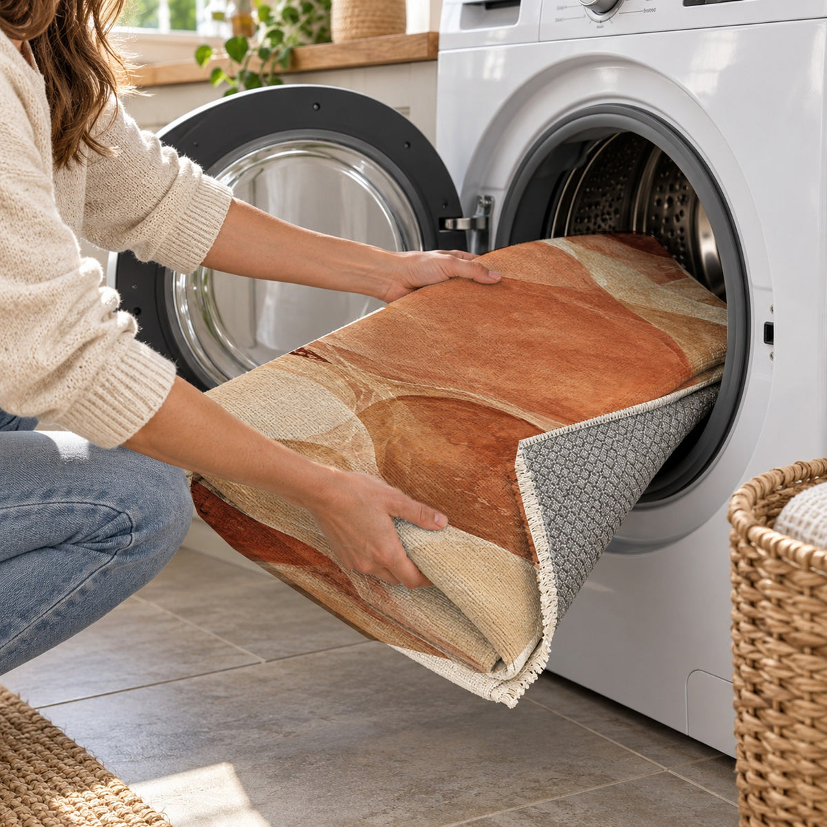 Sea Glass Terracotta Abstract Washable Rug — washing machine