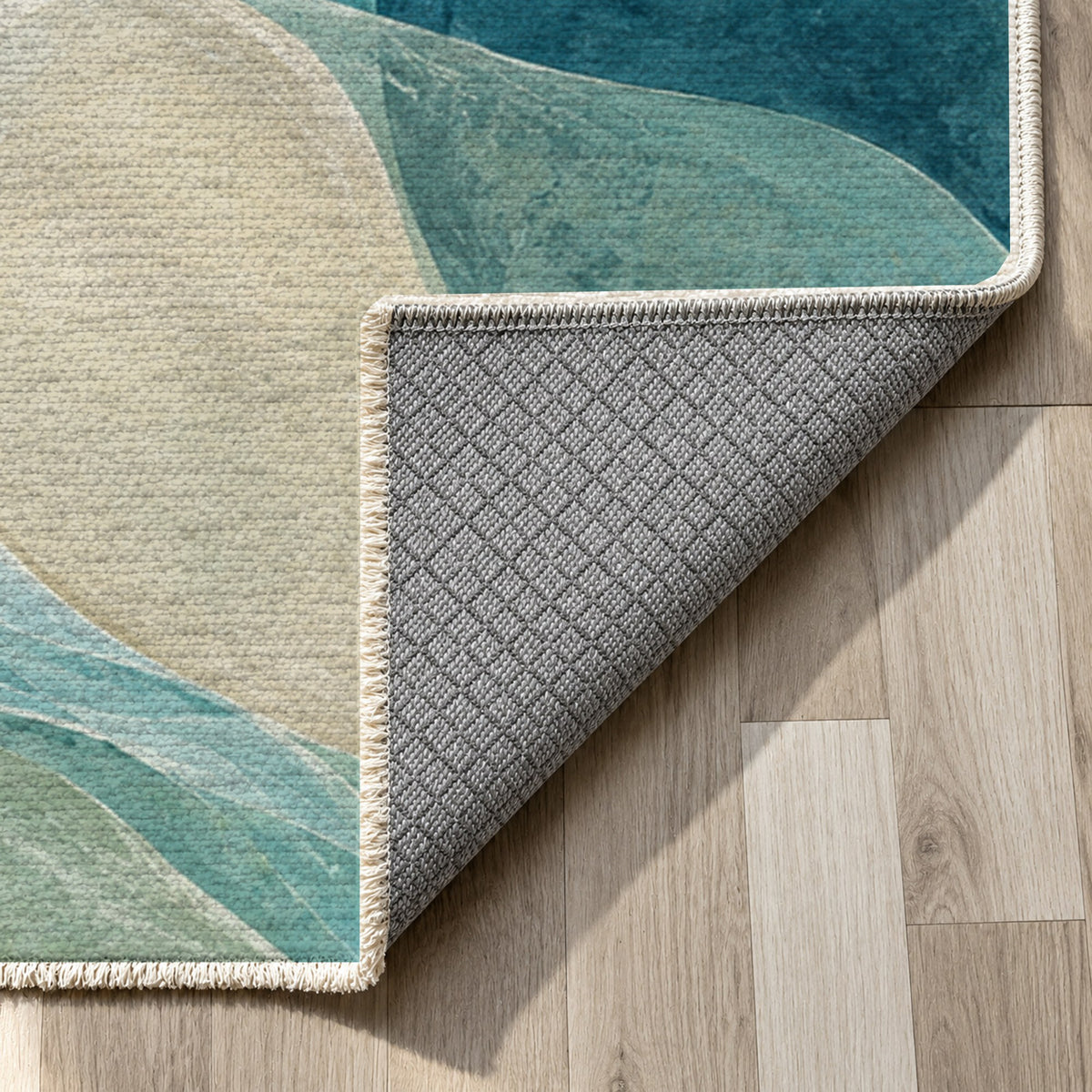 Sea Glass Abstract Washable Rug — backing close up