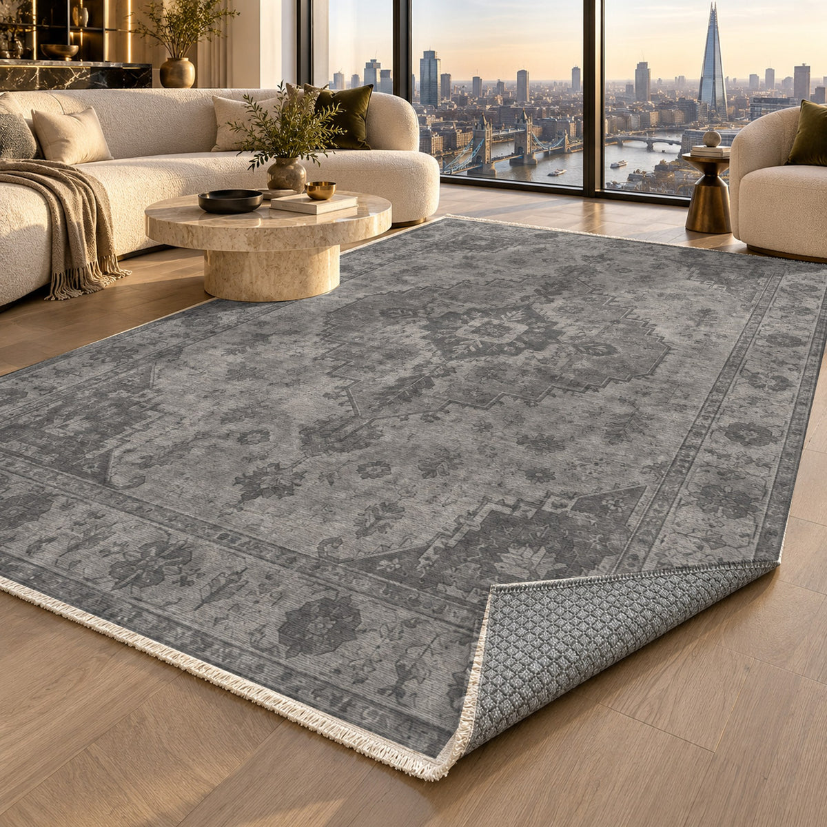 Serapi Patina Charcoal Silver Vintage Washable Rug — london luxury living