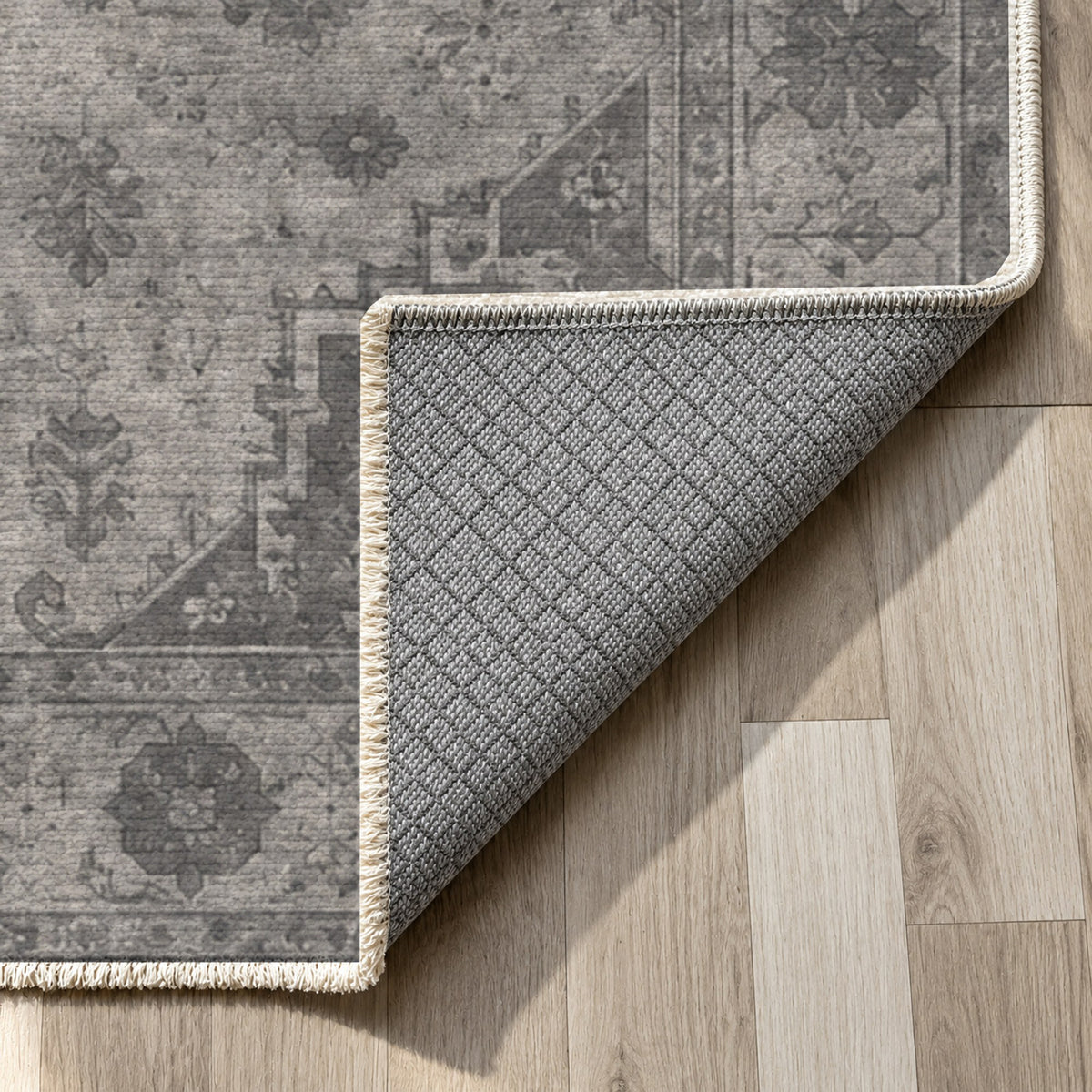 Serapi Patina Charcoal Silver Vintage Washable Rug — backing close up