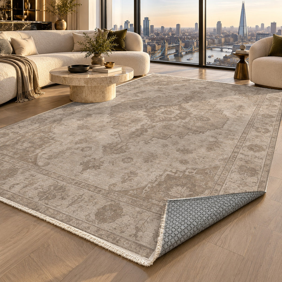 Serapi Patina Ivory Taupe Vintage Washable Rug — london luxury living