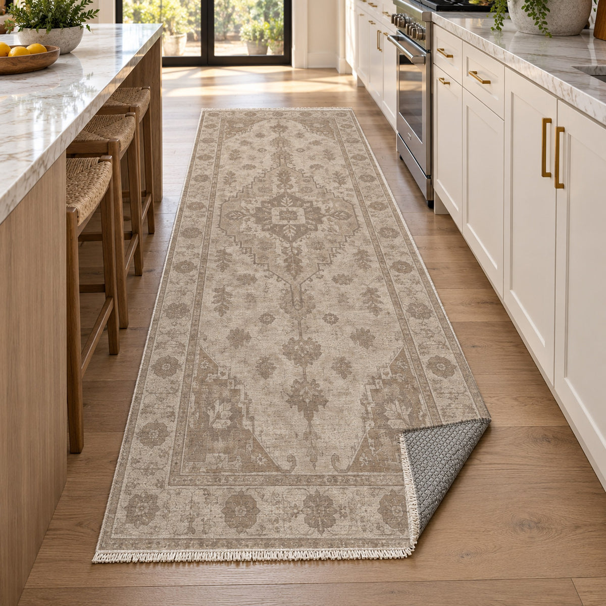 Serapi Patina Ivory Taupe Vintage Washable Rug — new york kitchen runner