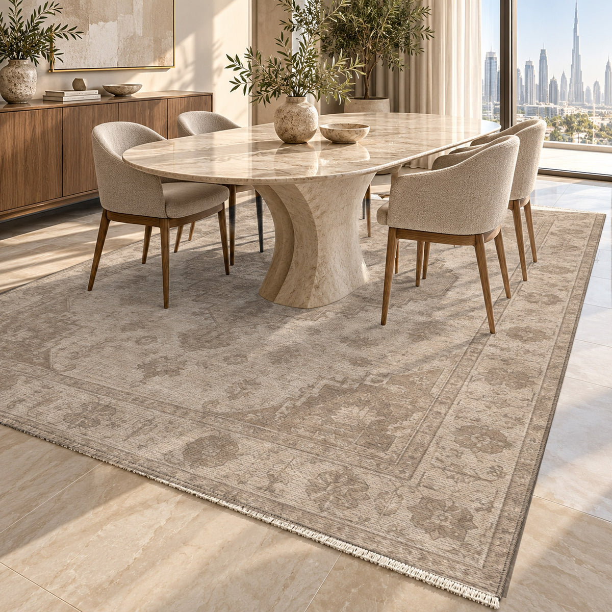 Serapi Patina Ivory Taupe Vintage Washable Rug — dubai dining