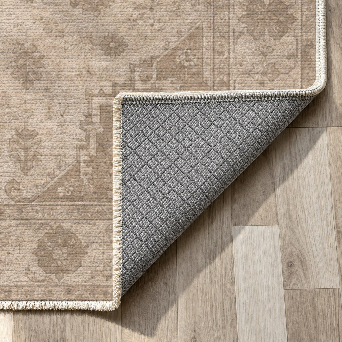 Serapi Patina Ivory Taupe Vintage Washable Rug — backing close up