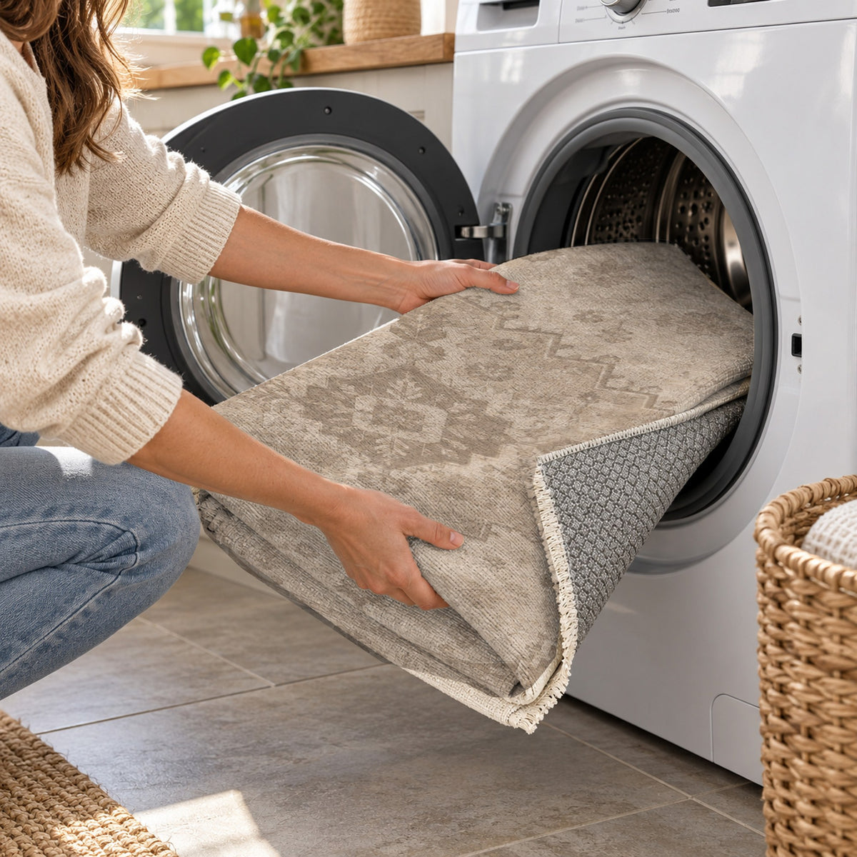 Serapi Patina Ivory Taupe Vintage Washable Rug — washing machine
