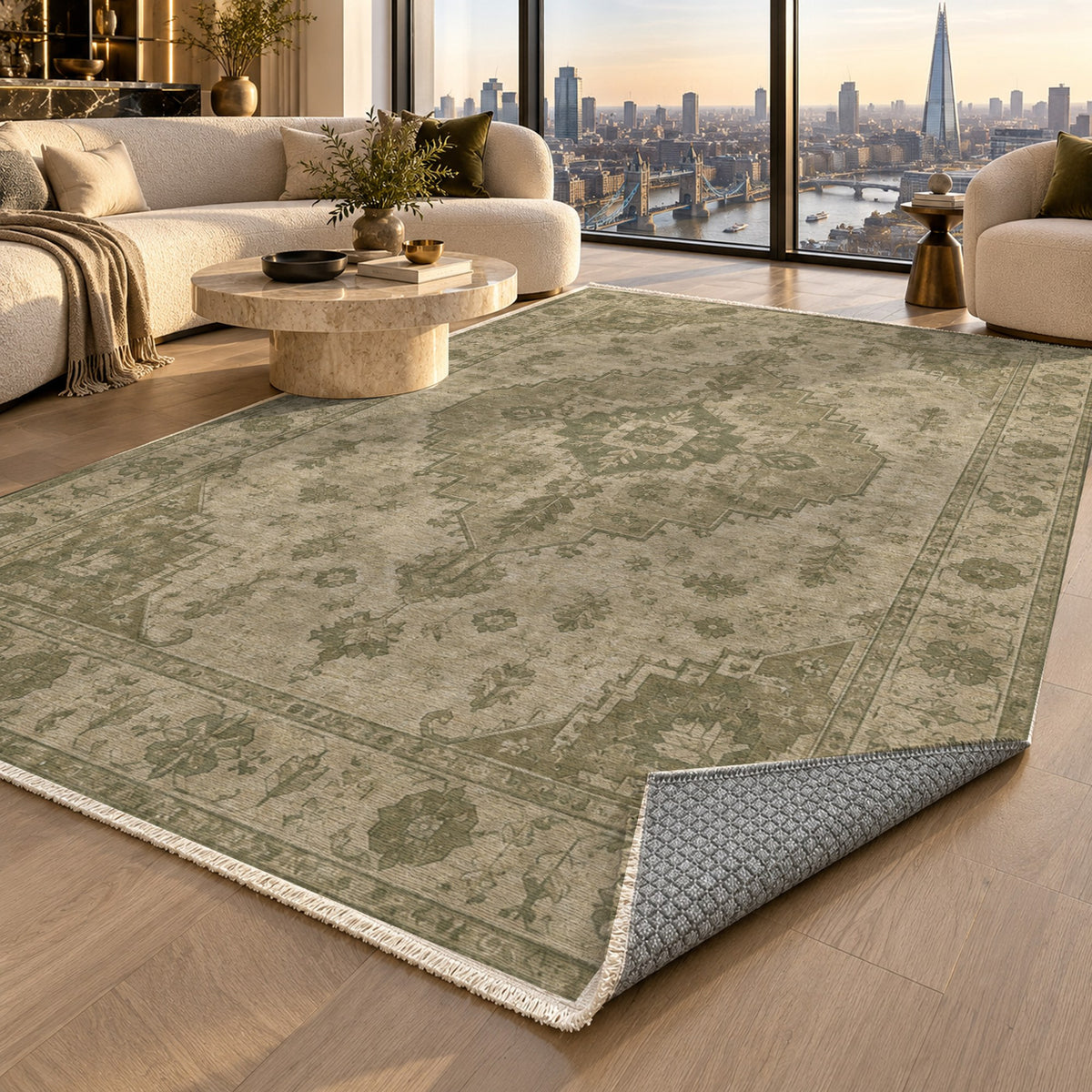 Serapi Patina Olive Green Vintage Washable Rug — london luxury living