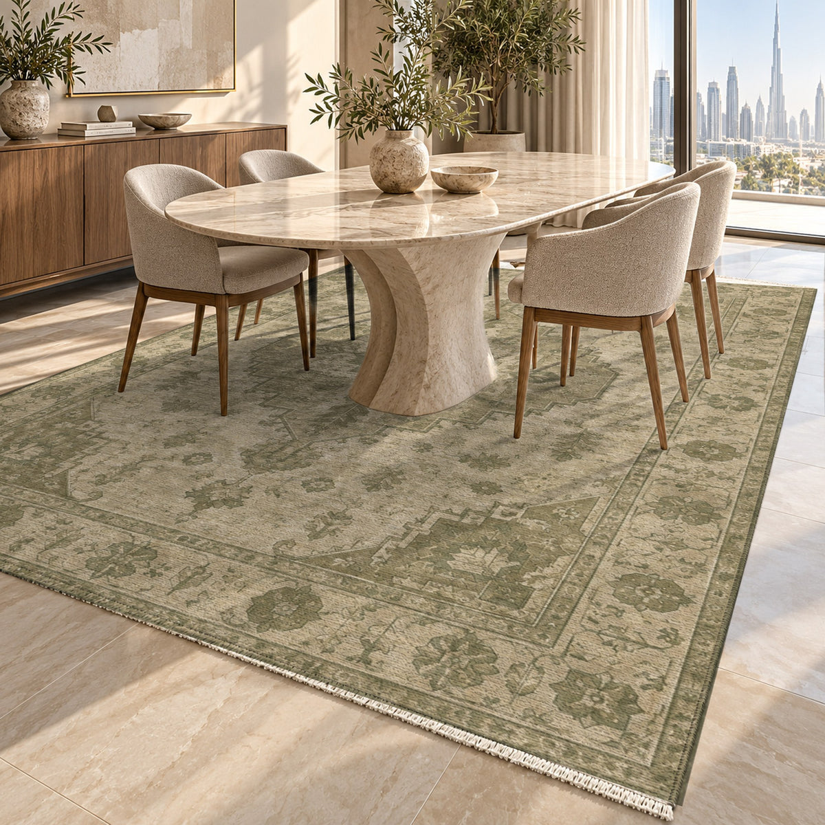 Serapi Patina Olive Green Vintage Washable Rug — dubai dining