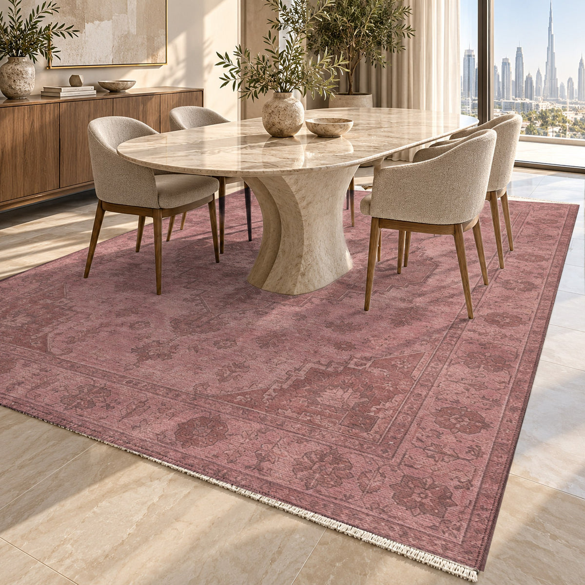 Serapi Patina Rose Pink Vintage Washable Rug — dubai dining