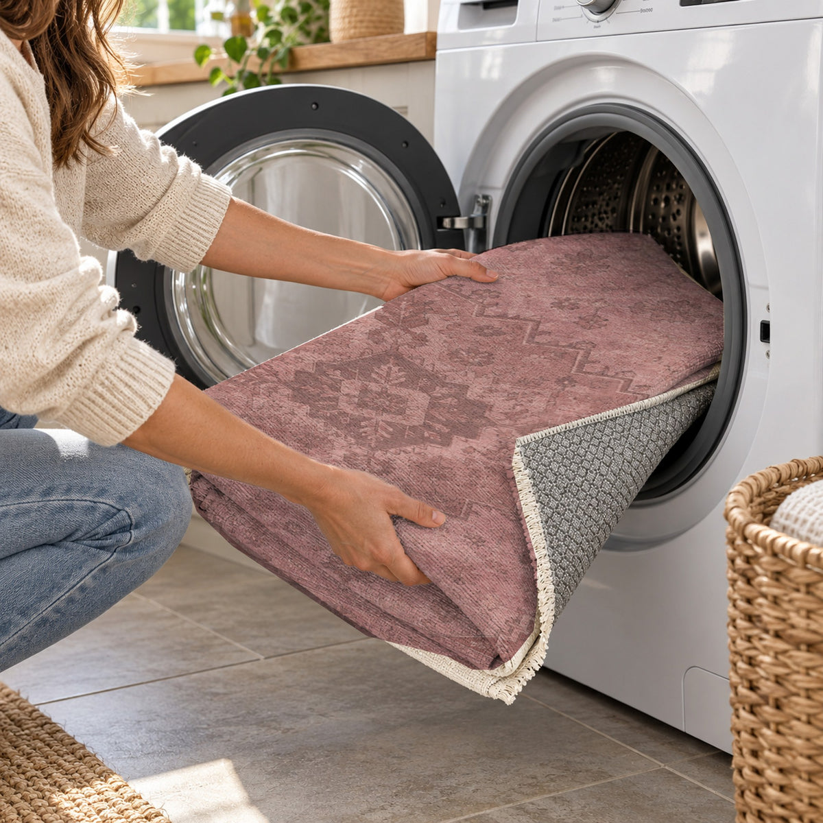 Serapi Patina Rose Pink Vintage Washable Rug — washing machine