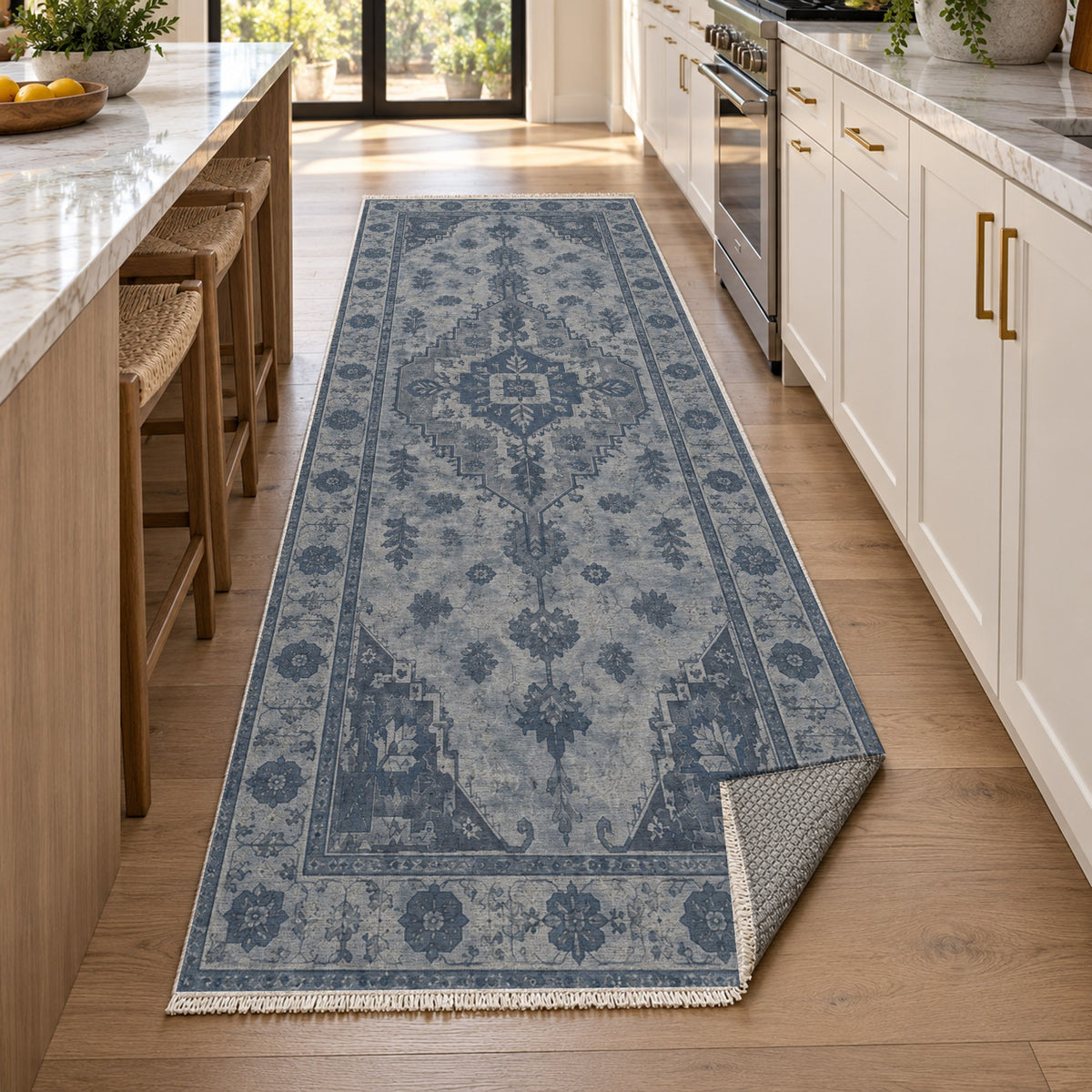 Serapi Patina Slate Blue Vintage Washable Rug — new york kitchen runner