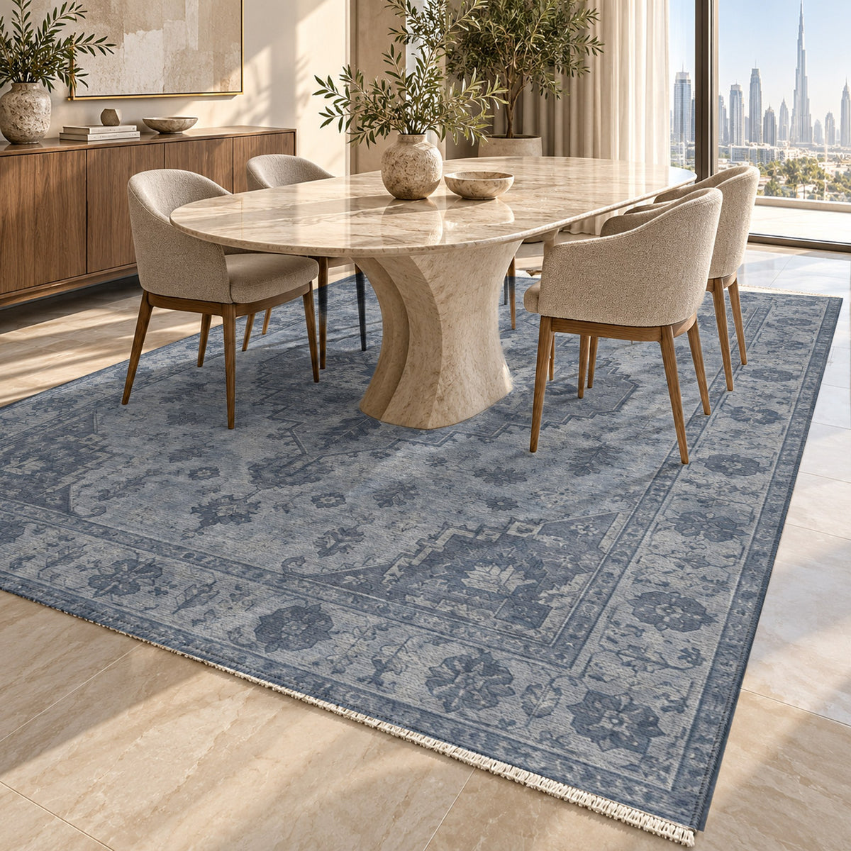 Serapi Patina Slate Blue Vintage Washable Rug — dubai dining