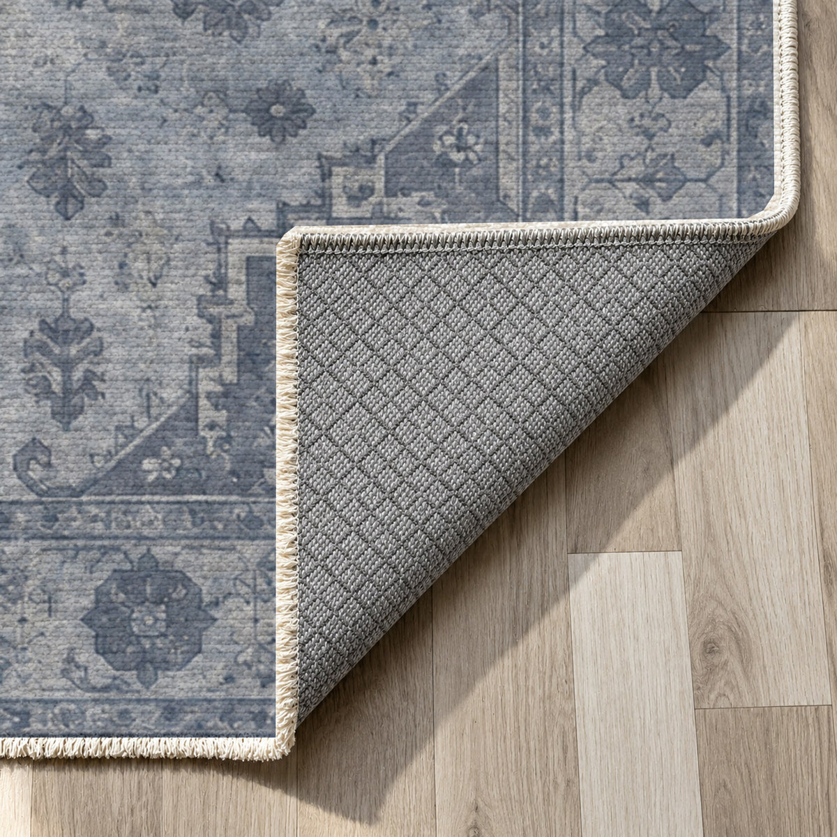 Serapi Patina Slate Blue Vintage Washable Rug — backing close up