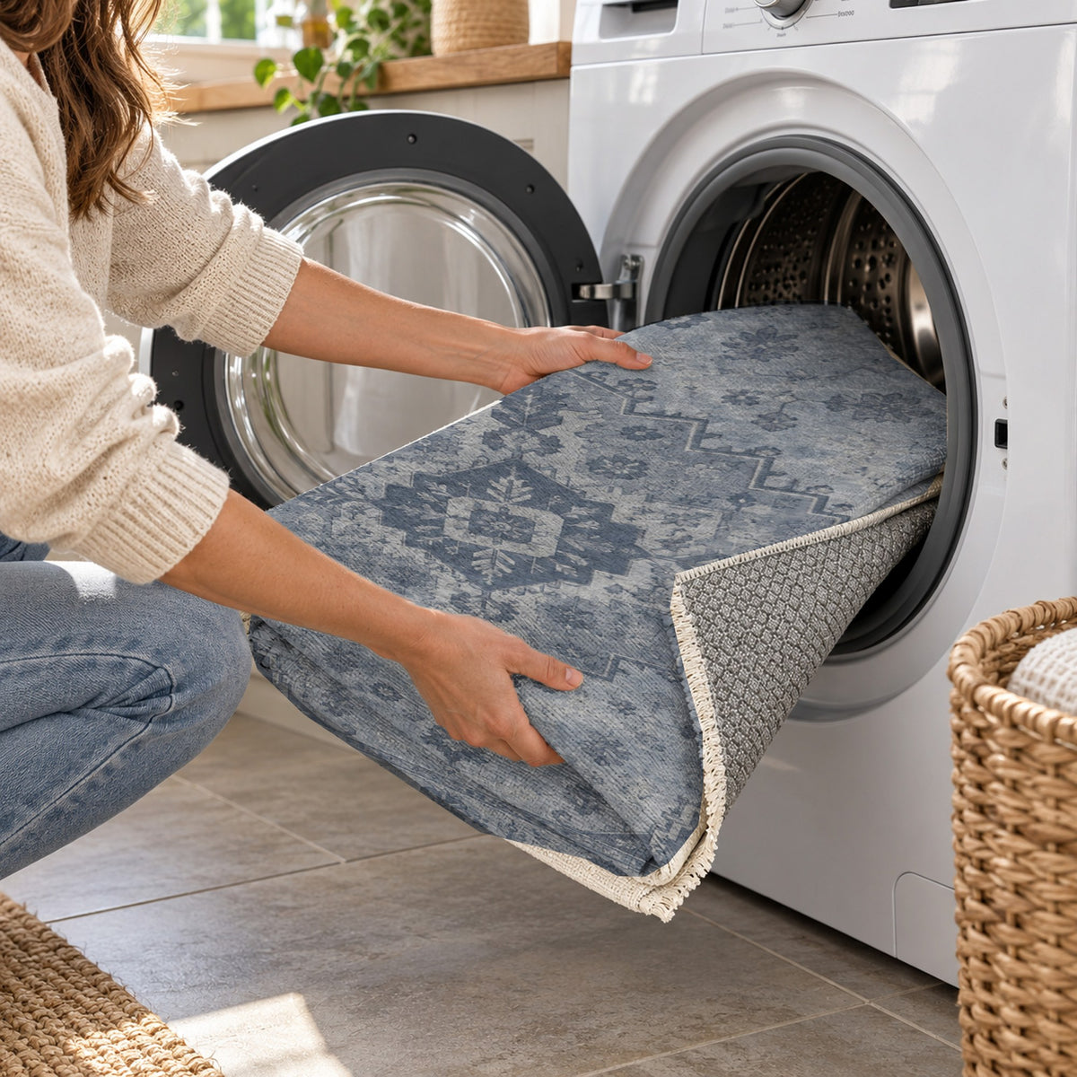 Serapi Patina Slate Blue Vintage Washable Rug — washing machine