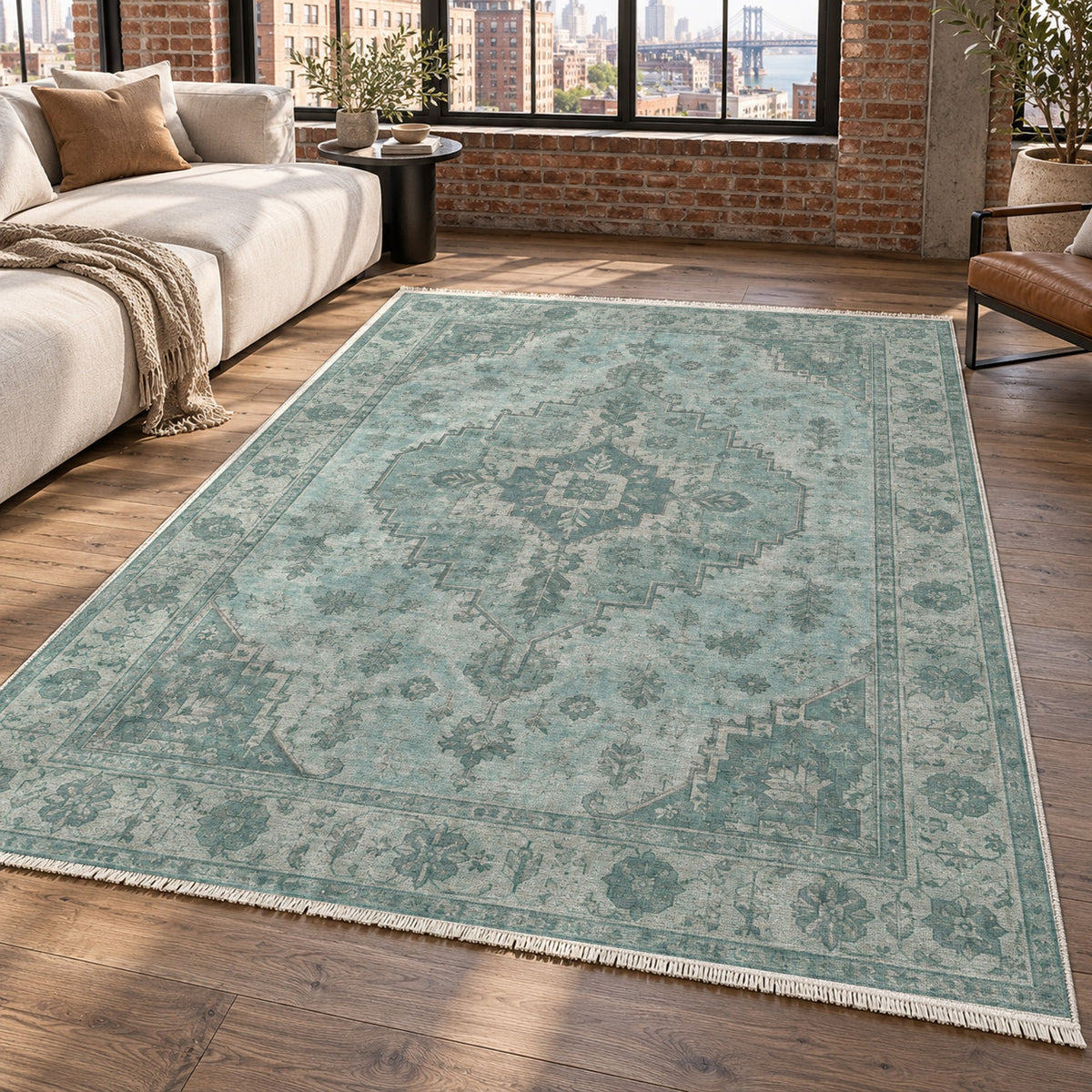 Serapi Patina Turquoise Blue Vintage Washable Rug — new york living