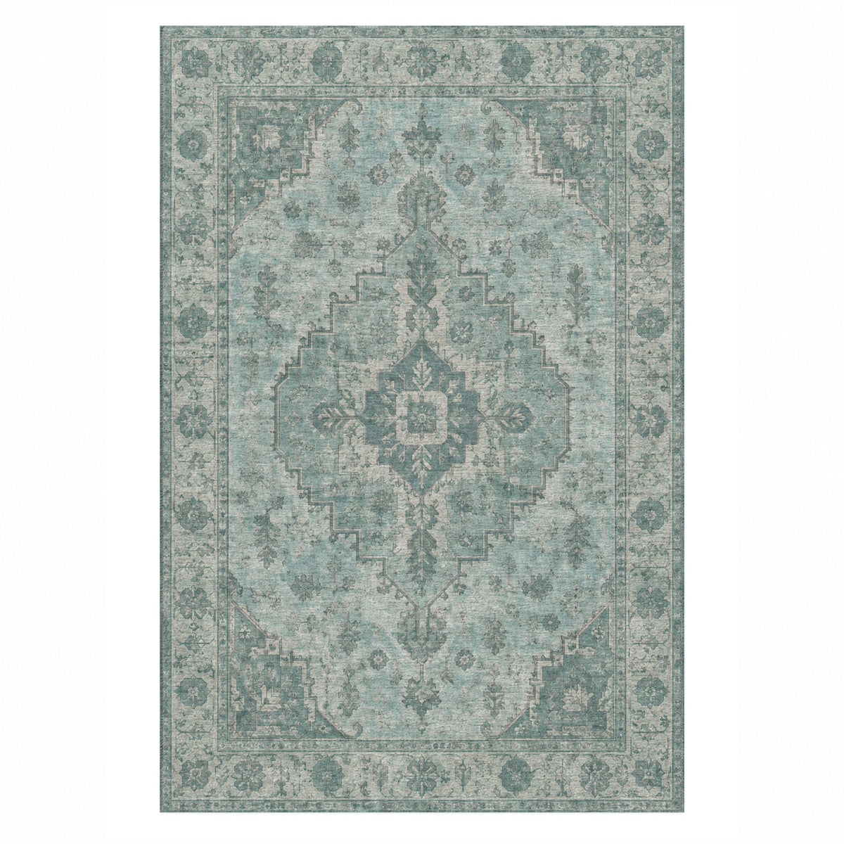 Serapi Patina Turquoise Blue Vintage Washable Rug — top view
