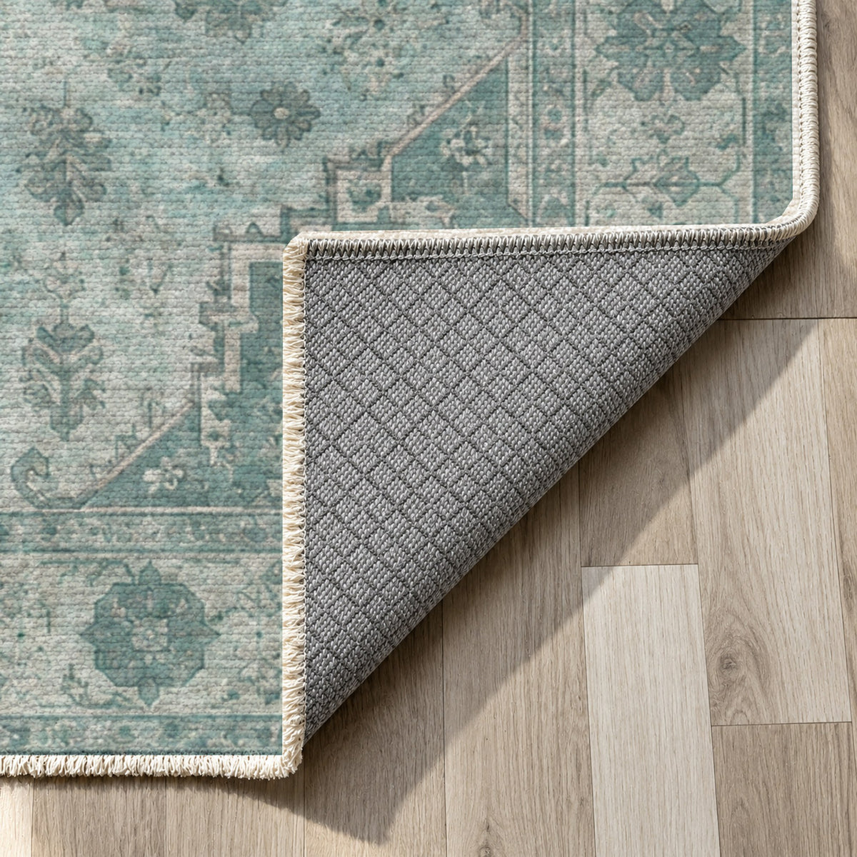 Serapi Patina Turquoise Blue Vintage Washable Rug — backing close up