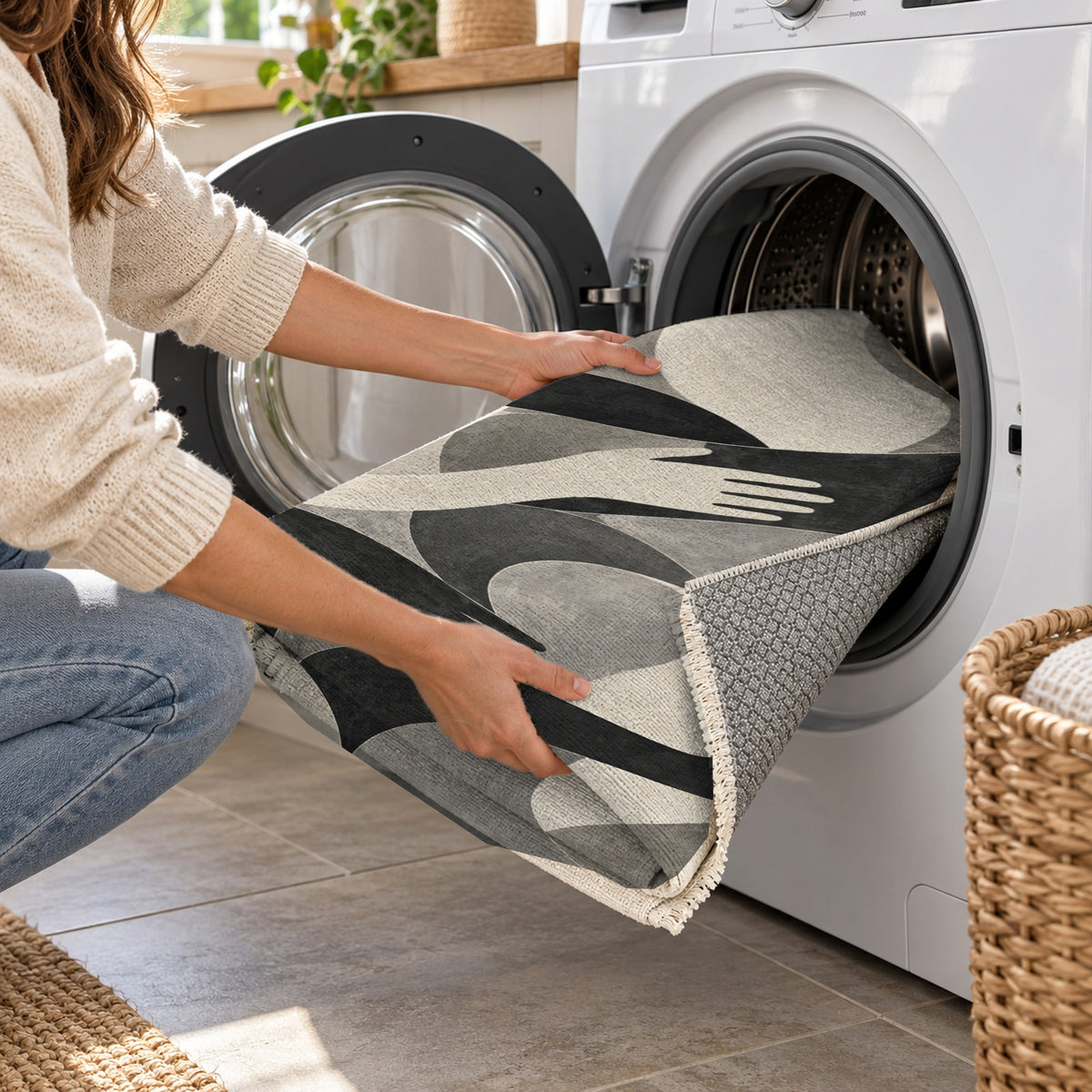 Shared Gestures Charcoal Abstract Washable Rug — washing machine