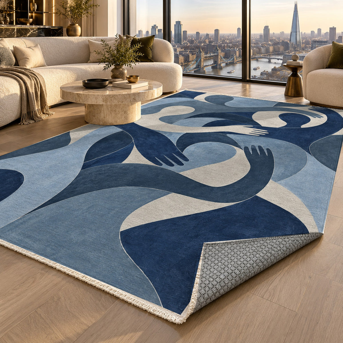 Shared Gestures Indigo Abstract Washable Rug — london luxury living
