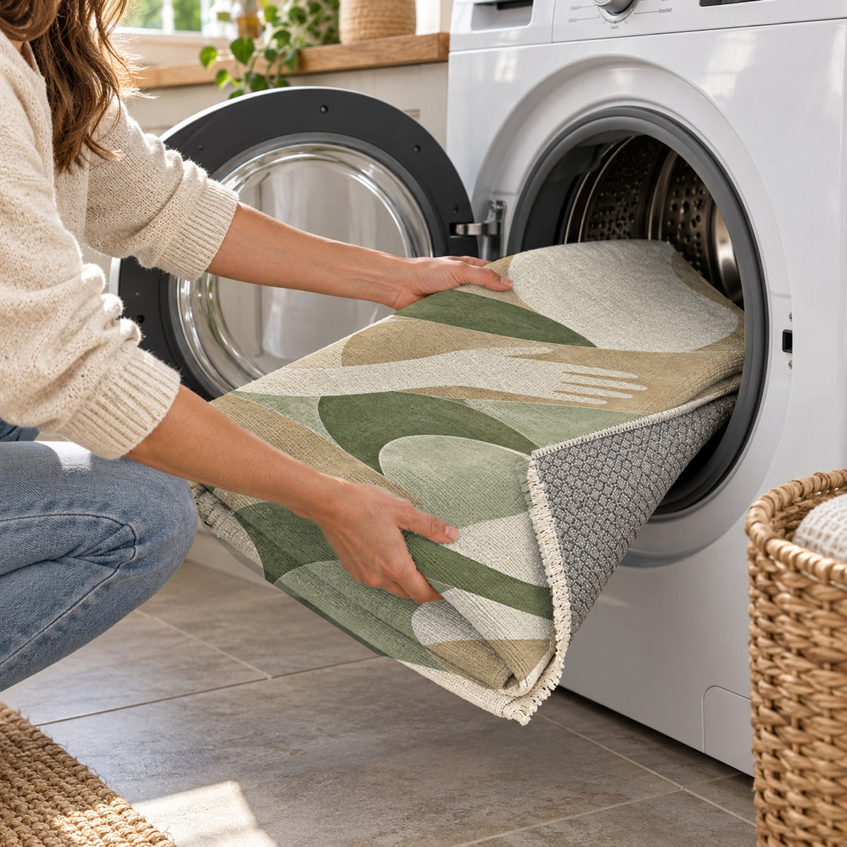 Shared Gestures Sage Abstract Washable Rug — washing machine