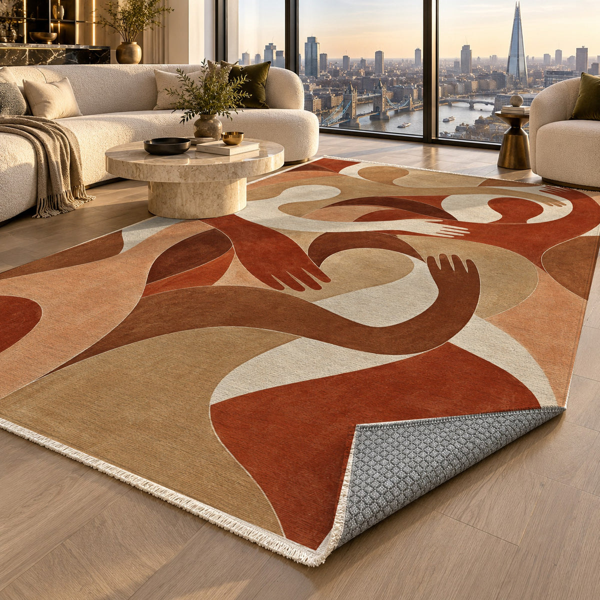 Shared Gestures Terracotta Abstract Washable Rug — london luxury living