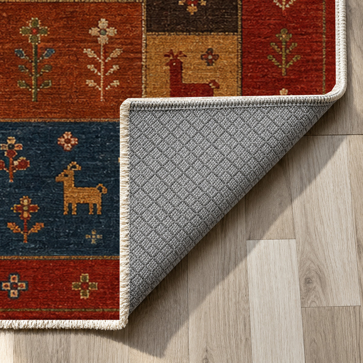 Shiraz Crimson Ethnic Washable Rug — backing close up